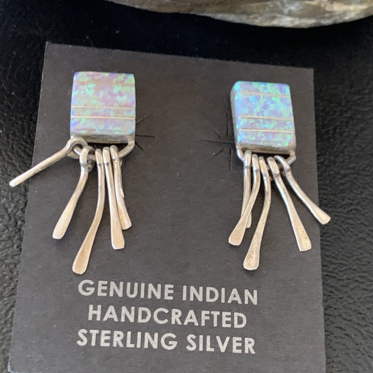 Blue Opal Inlay Navajo Sterling Silver Dangle Post Earrings 0.5" 12754