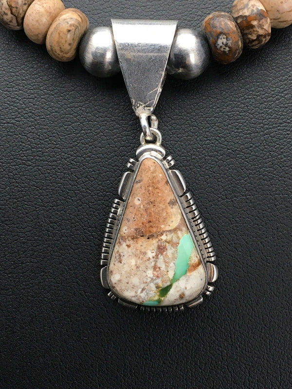 Green Turquoise Picture Jasper Navajo Necklace | Sterling Silver | Authentic Native American Handmade | 02611