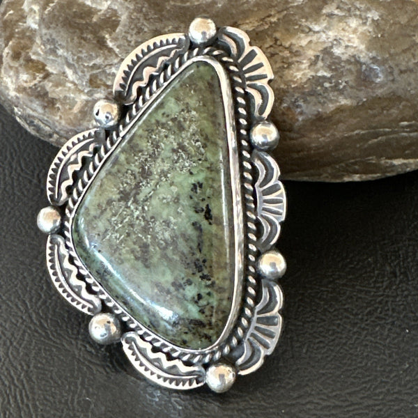 H Joe Men's Women's Navajo Green Turquoise Ring Size 9 | Sterling Silver | Authentic Native American Handmade | 19357