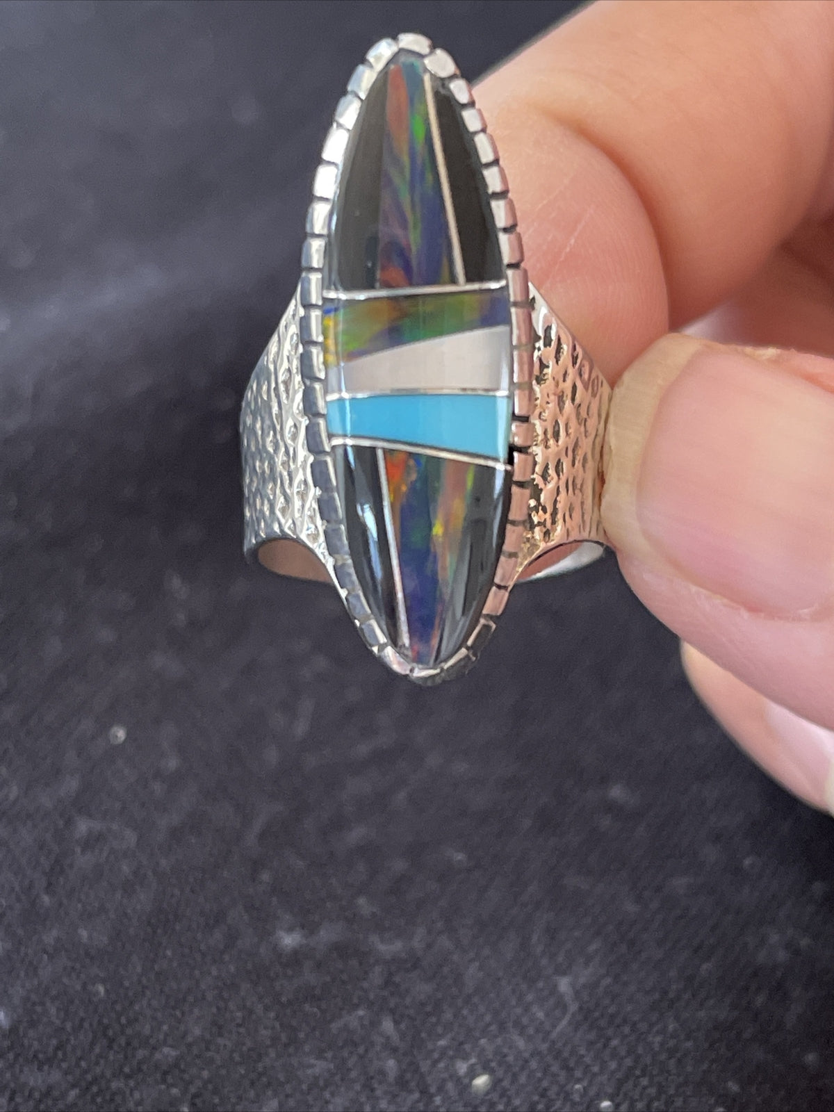 Navajo Multi-Color Opal & Turquoise Inlay Sterling Silver Ring Size 7 01584
