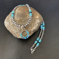 Blue Turquoise Inlay Pendant Navajo Pearls Necklace | Sterling Silver | Authentic Native American Handmade | 12615
