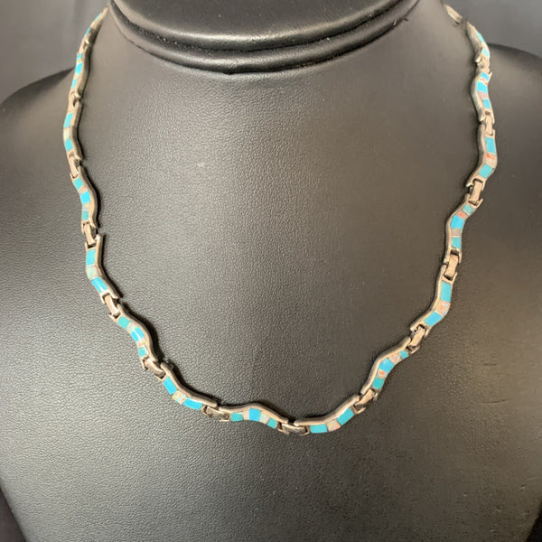 Blue Kingman Necklace Turquoise Opal Inlay Pendant 16" | Sterling Silver | Authentic Native American Handmade | 13590