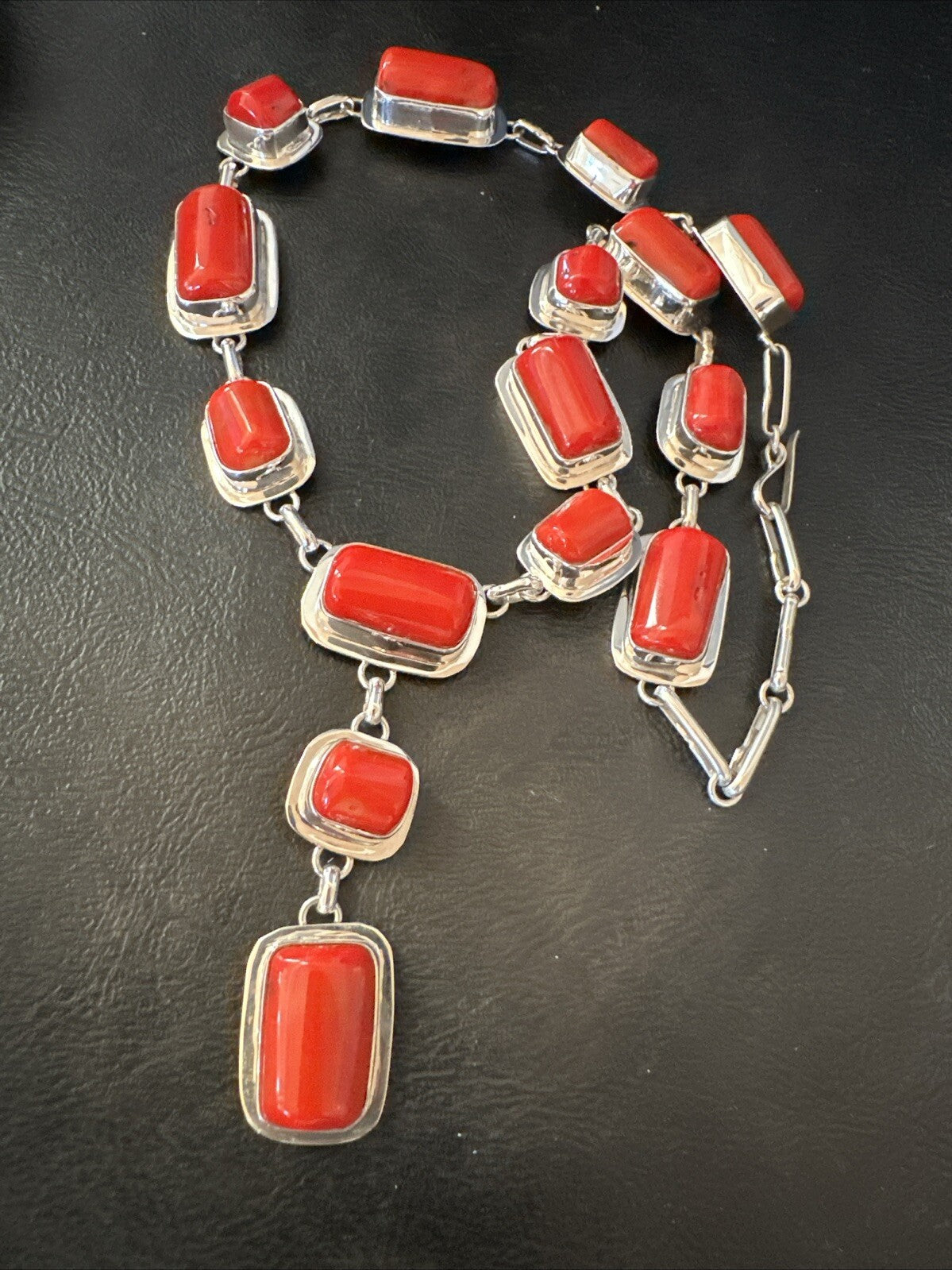 Handmade Women Red Coral Lariat Necklace Pendant Sterling Silver 19” 18410