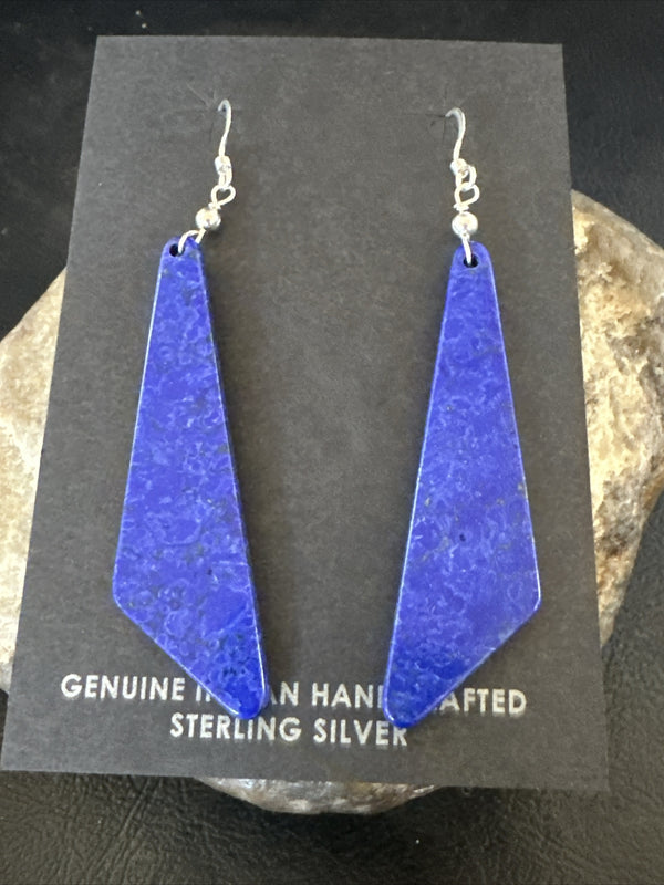 Navajo Slab Blue Lapis Earrings 2" | Sterling Silver | Authentic Native American Handmade | 17878