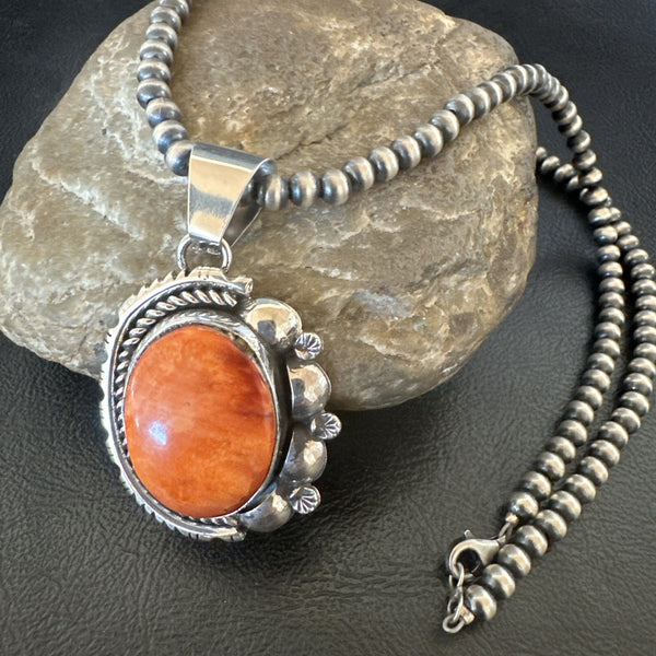 Yazzie Orange Spiny Oyster Pendant Navajo Necklace | Sterling Silver | Authentic Native American Handmade | 19490