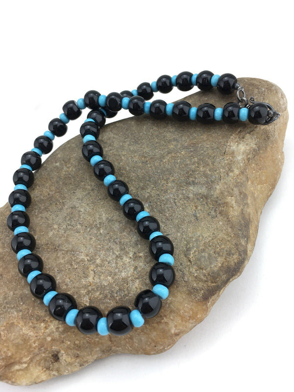 Black Onyx Blue Turquoise Bead Navajo Necklace | Sterling Silver | Authentic Native American Handmade | 15229