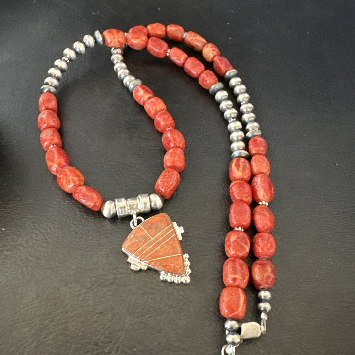 Navajo Apple Sponge Coral Sterling Silver Necklace Inlay Pendant 21” 18685