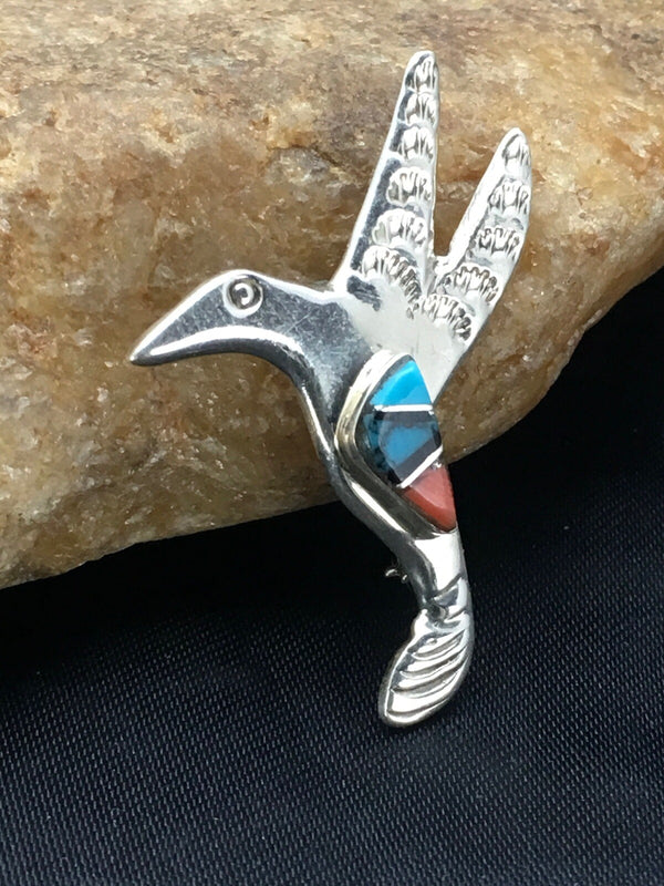 Coral Turquoise Hummingbird Navajo Inlay Pin | Sterling Silver | Authentic Native American Handmade | 02901