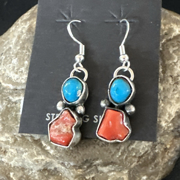 Handmade Blue Turquoise Red Coral Navajo Dangle Earrings | Sterling Silver | Authentic Native American Handmade | 18839