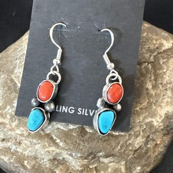Handmade Blue Turquoise Red Coral Navajo Dangle Earrings | Sterling Silver | Authentic Native American Handmade | 18842