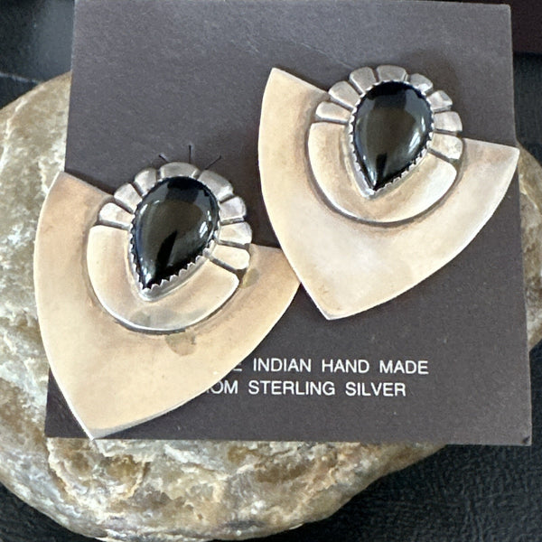 Old Pawn Black Onyx Navajo Earrings | Sterling Silver | Authentic Native American Handmade | 18114