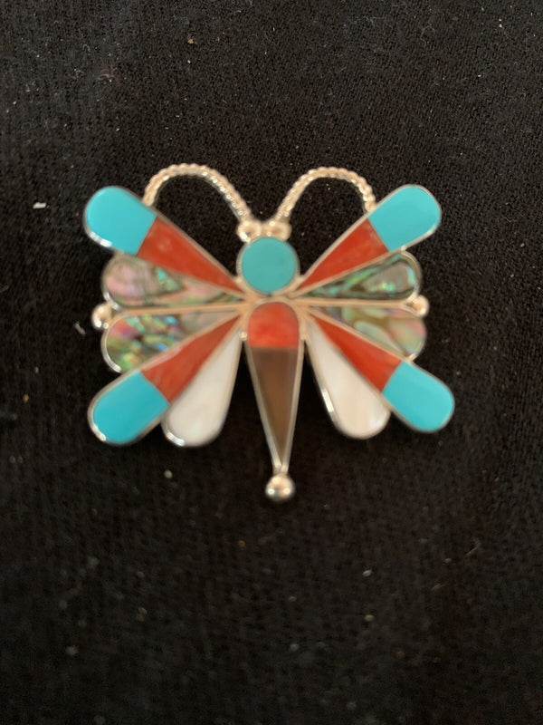 Turquoise Mother Of Pearls Butterfly Zuni Pin Pendant | Sterling Silver | Authentic Native American Handmade | 04695