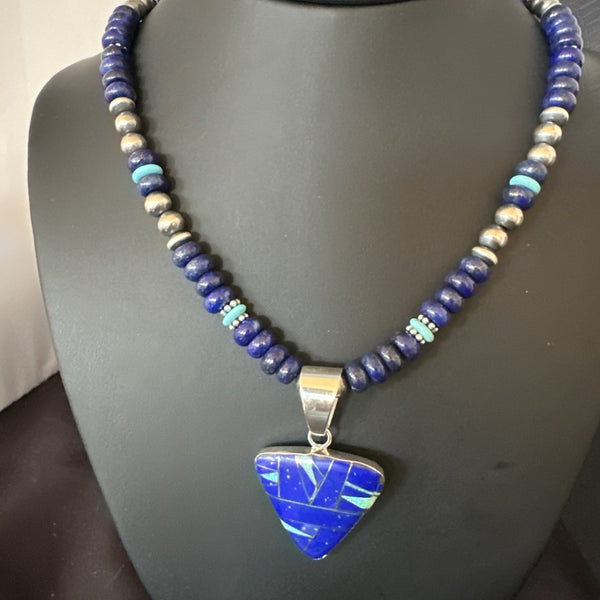 Lapis Opal Inlay Pendant Navajo Pearls Turquoise Necklace | Sterling Silver | Authentic Native American Handmade | 19182