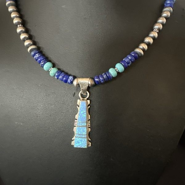 Men's Blue Turquoise Lapis Opal Pendant Navajo Necklace 20" | Sterling Silver | Authentic Native American Handmade | 17896