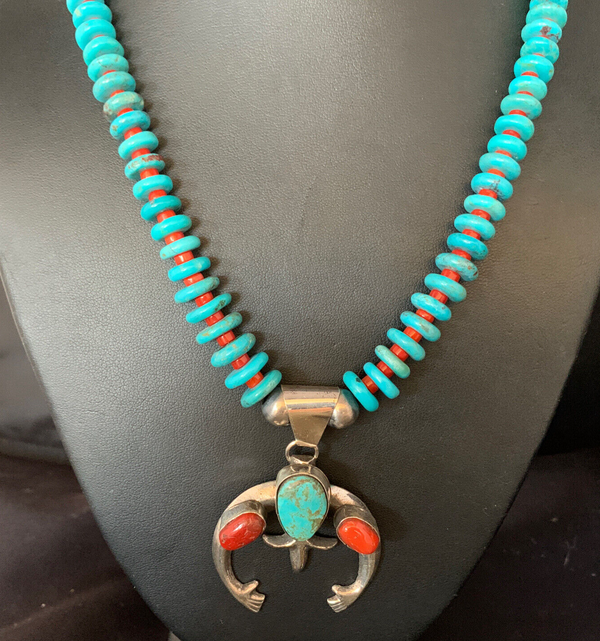 Royston Navajo Blue Turquoise Coral Necklace Naja Pendant | Sterling Silver | Authentic Native American Handmade | 13745