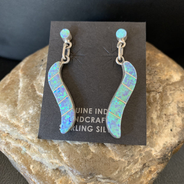 Women's Blue Opal Inlay Navajo Dangle Post Earrings | Sterling Silver | Authentic Native American Handmade | 12774