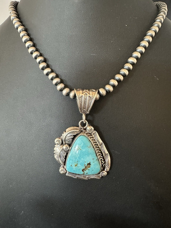 Blue Kingman Turquoise Pendant Navajo Pearls Necklace | Sterling Silver | Authentic Native American Handmade | 19389
