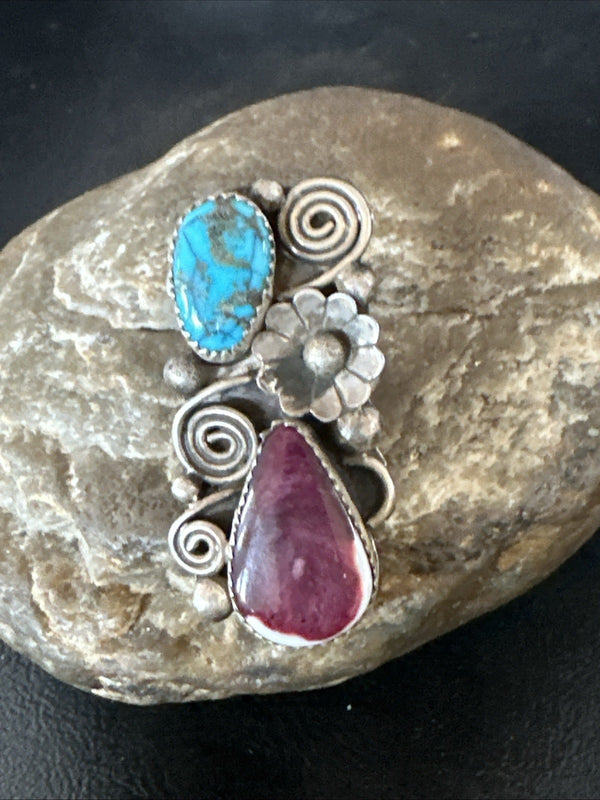 Cluster Kingman Turquoise Purple Spiny Navajo Ring Sz 5.5 | Sterling Silver | Authentic Native American Handmade | 19105