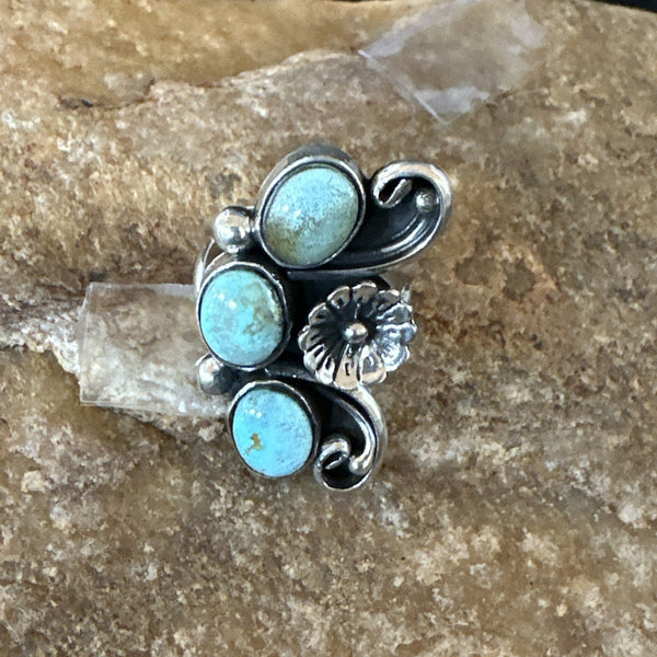 Yazzie Ring Green Turquoise Navajo Cluster Size 8.5 | Sterling Silver | Authentic Native American Handmade | 19213