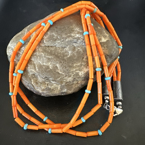 Turquoise Orange Coral 3 Strand Necklace 21" | Sterling Silver | Authentic Native American Handmade | 17819
