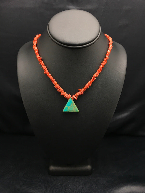 Kingman Turquoise Pendant Coral Old Pawn Necklace 19" | Sterling Silver | Authentic Native American Handmade | 4008