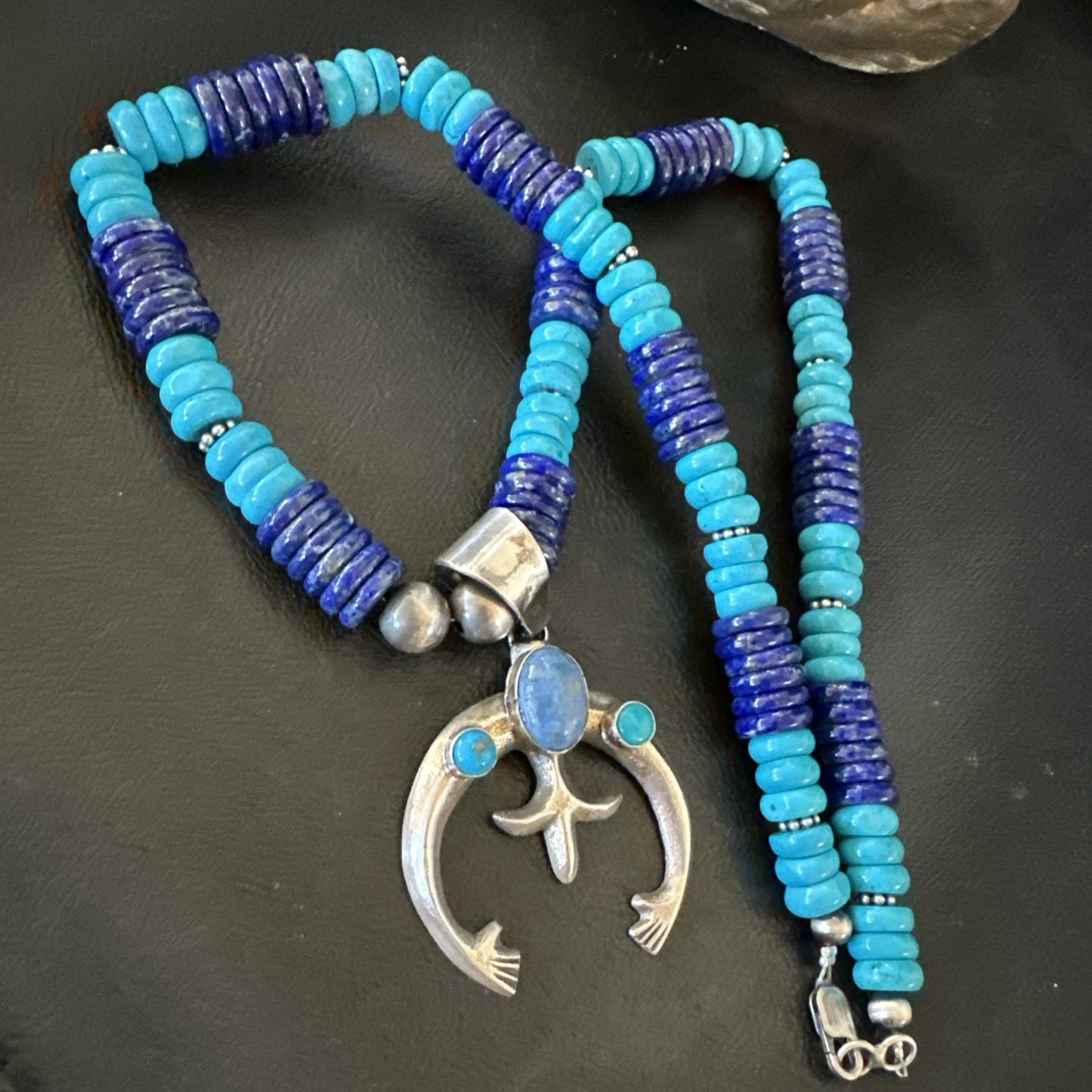 Blue Turquoise Lapis Naja Pendant Navajo 12mm Sterling Silver Necklace 19545