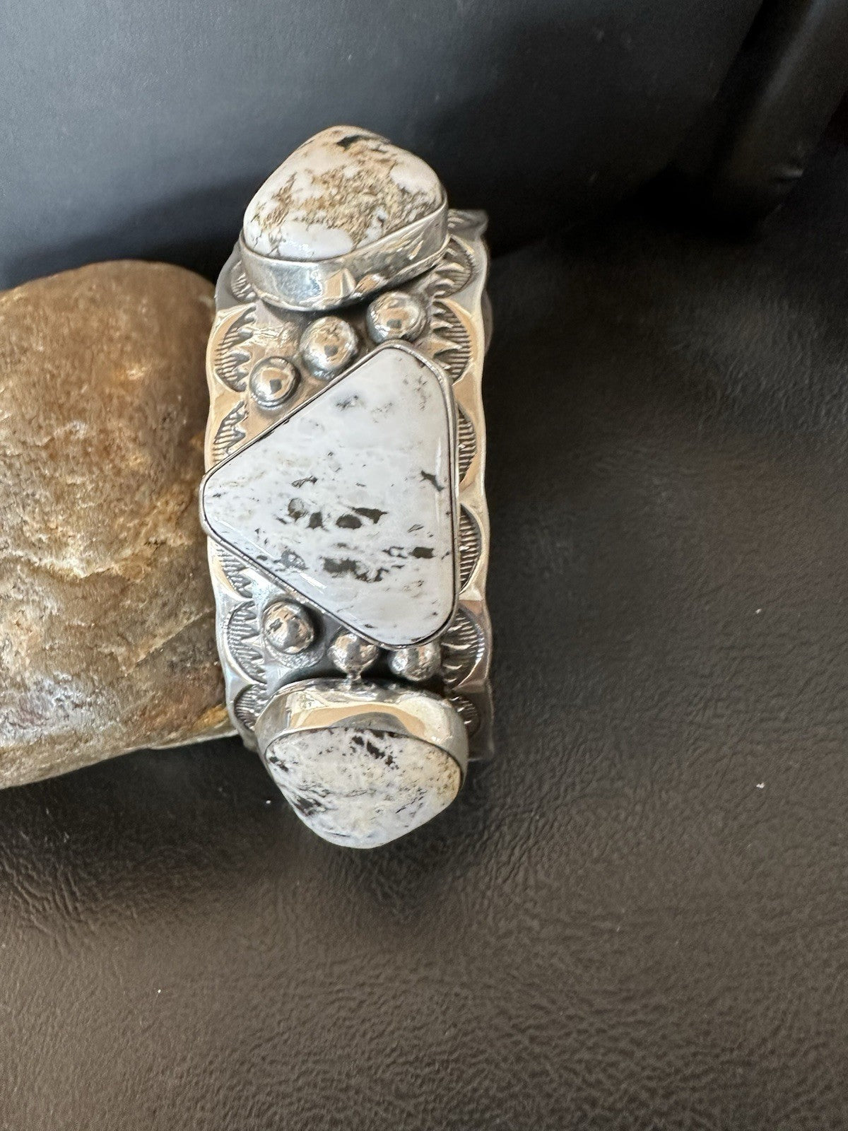 Mens White Buffalo Turquoise Navajo Sterling Silver Cuff Bracelet 7.75" 19427