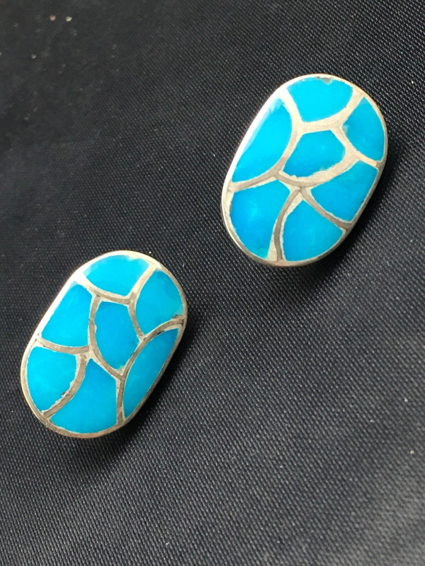 Blue Turquoise Zuni Inlay Earrings 1.25" | Sterling Silver | Authentic Native American Handmade | 1072