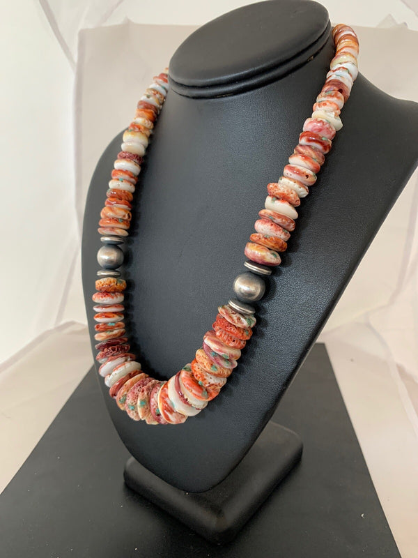 Red Spiny Oyster Navajo Pearls Necklace 20" | Sterling Silver | Authentic Native American Handmade | 03242