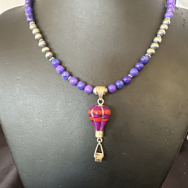 Balloon Red Coral Purple Pendant Navajo Necklace 22" | Sterling Silver | Authentic Native American Handmade | 18346