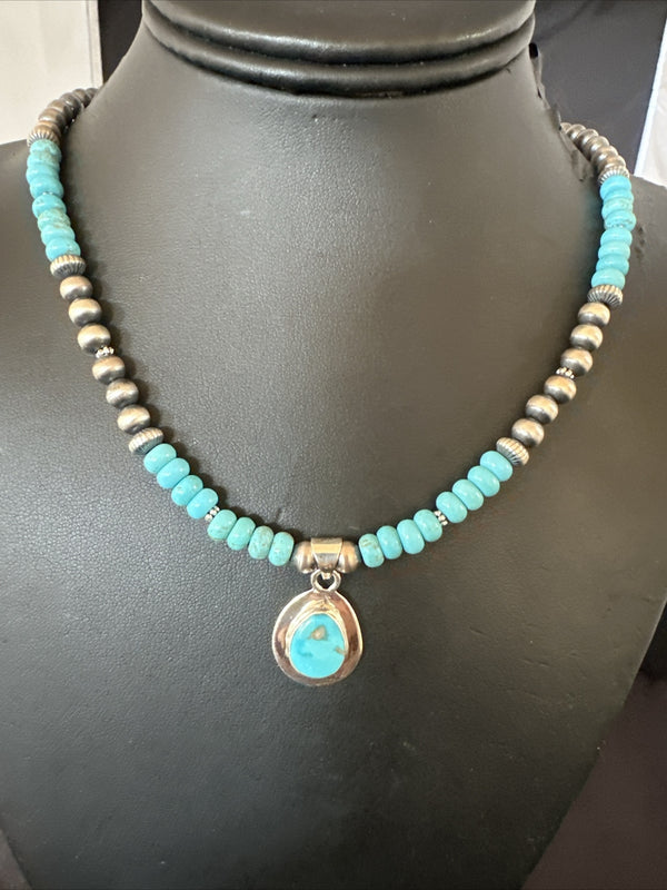 Men's Blue Kingman Turquoise Pendant Navajo Necklace 21" | Sterling Silver | Authentic Native American Handmade | 17903