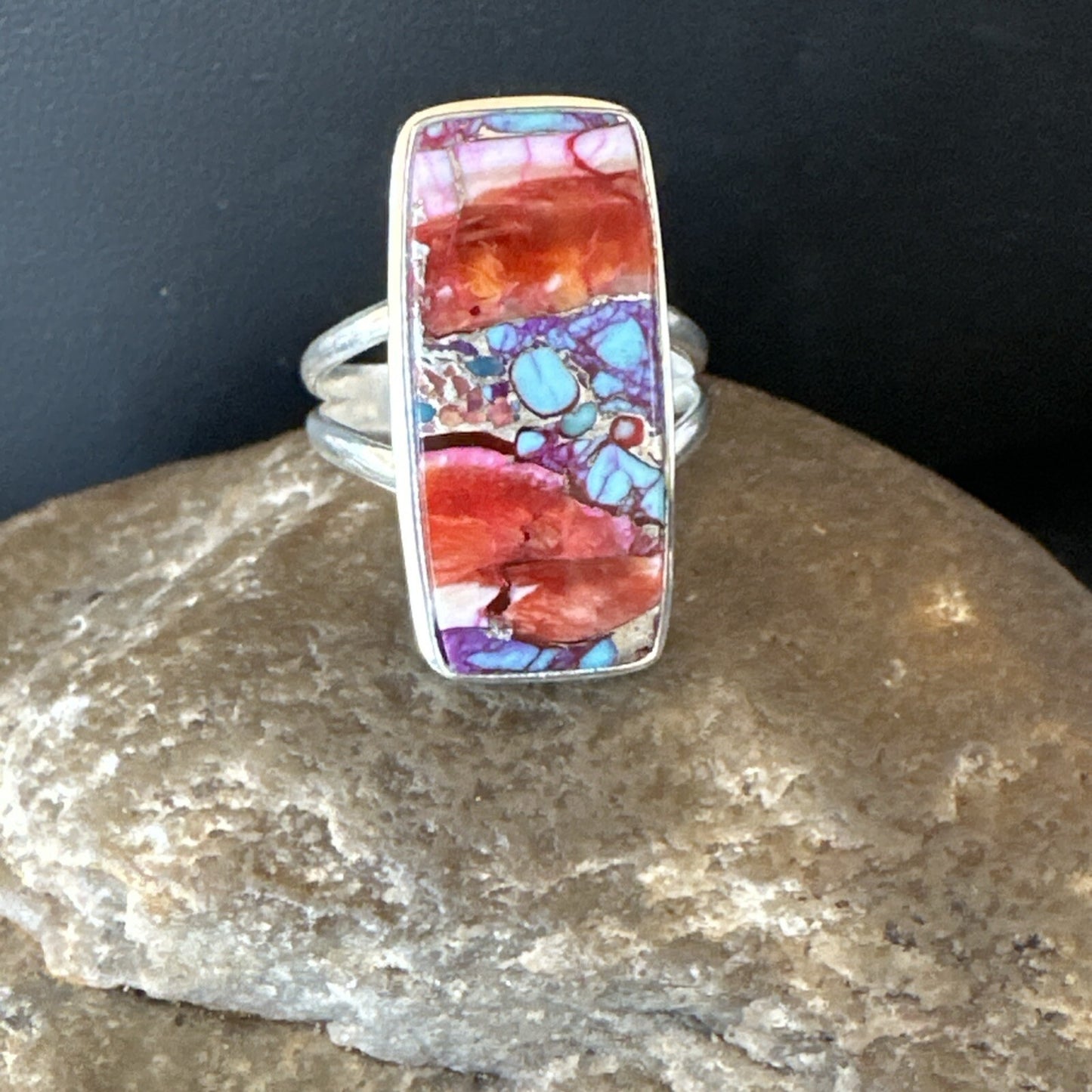 Blue Turquoise Spiny Oyster Southwestern Sterling Silver Ring Size 9 18540