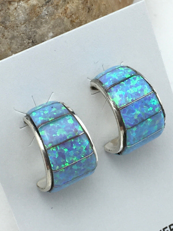 Blue Opal Navajo Earrings 0.5" | Sterling Silver | Authentic Native American Handmade | 4740
