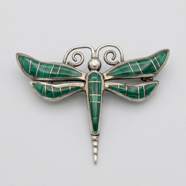 Dragonfly Green Malachite Inlay Pin 1.35" | Sterling Silver | Authentic Native American Handmade | 19820