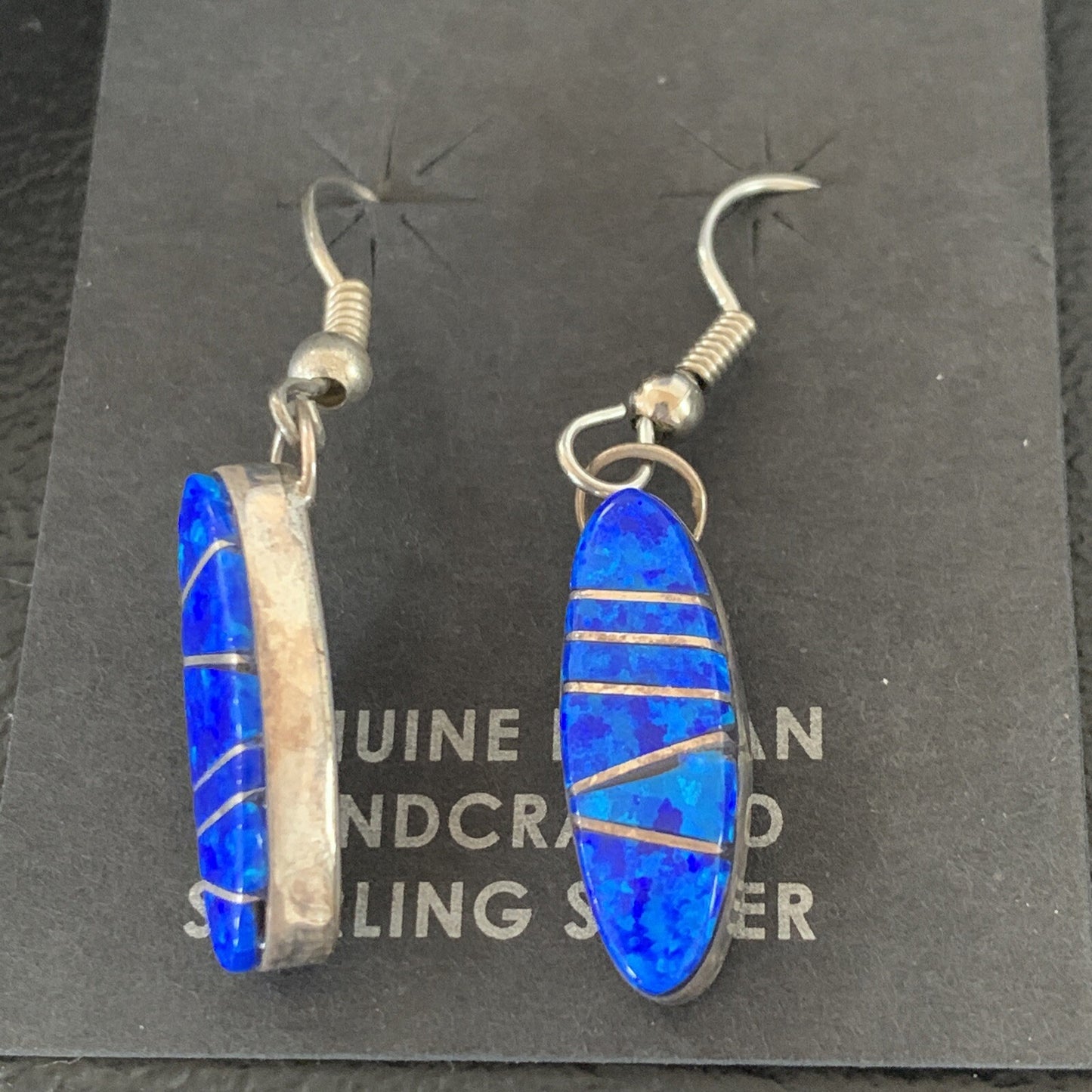 Womens Blue Opal Inlay Navajo Sterling Silver Dangle Earrings 12838