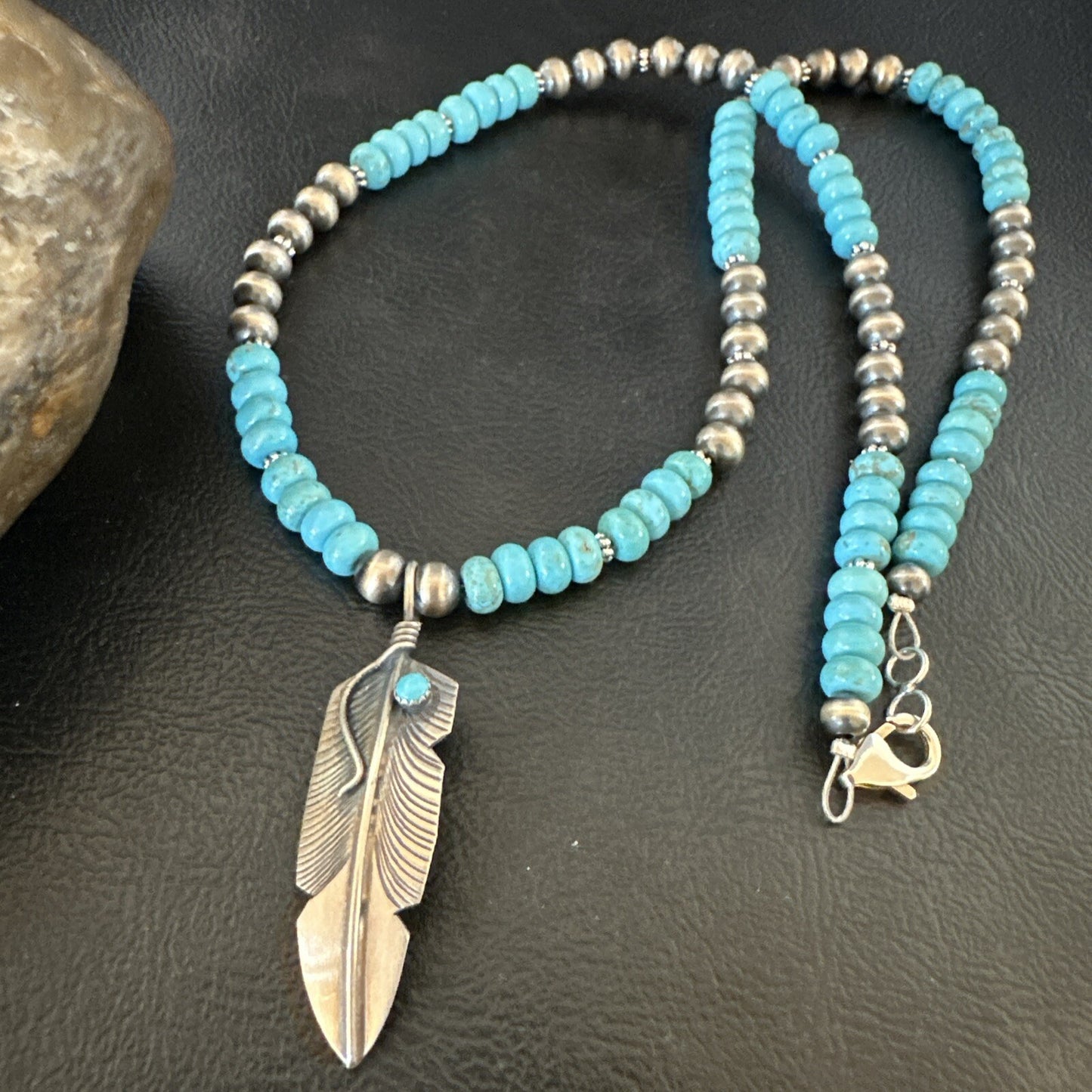 Mens Feather Turquoise Pendant Navajo Sterling Silver Necklace 18060