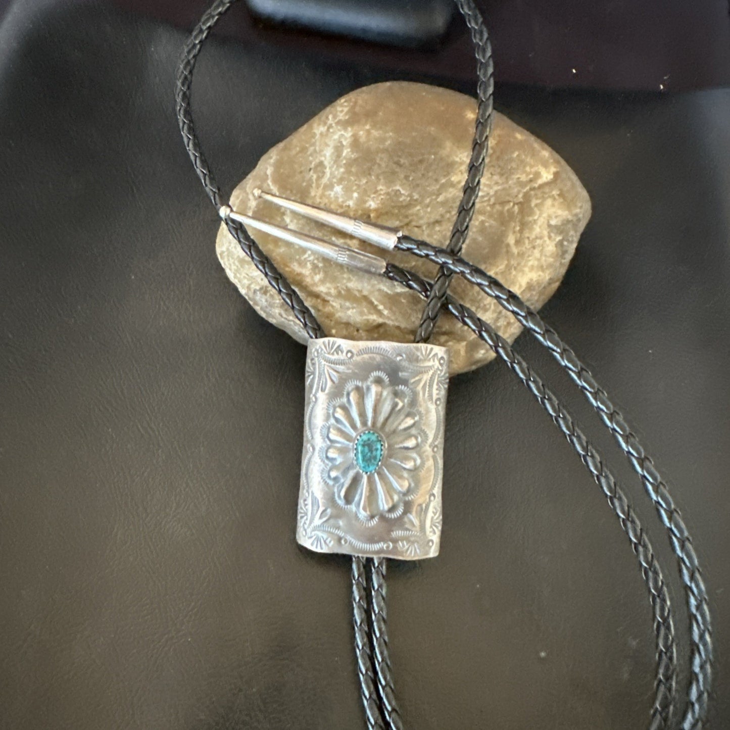 Mens Stamped Bolo Tie Blue Kingman Turquoise Navajo Sterling Silver 2” 19301