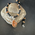Orange Spiny Black Onyx Navajo Pendant Necklace 20" | Sterling Silver | Authentic Native American Handmade | 19638
