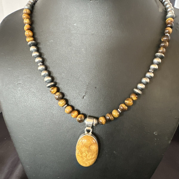 Coffee Brown Tigers Eye Pendant Necklace Southwestern | Sterling Silver | Authentic Native American Handmade | 18281