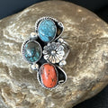 Multicolor Ring Turquoise Coral Spiny Navajo Cluster Sz 10 | Sterling Silver | Authentic Native American Handmade | 19194