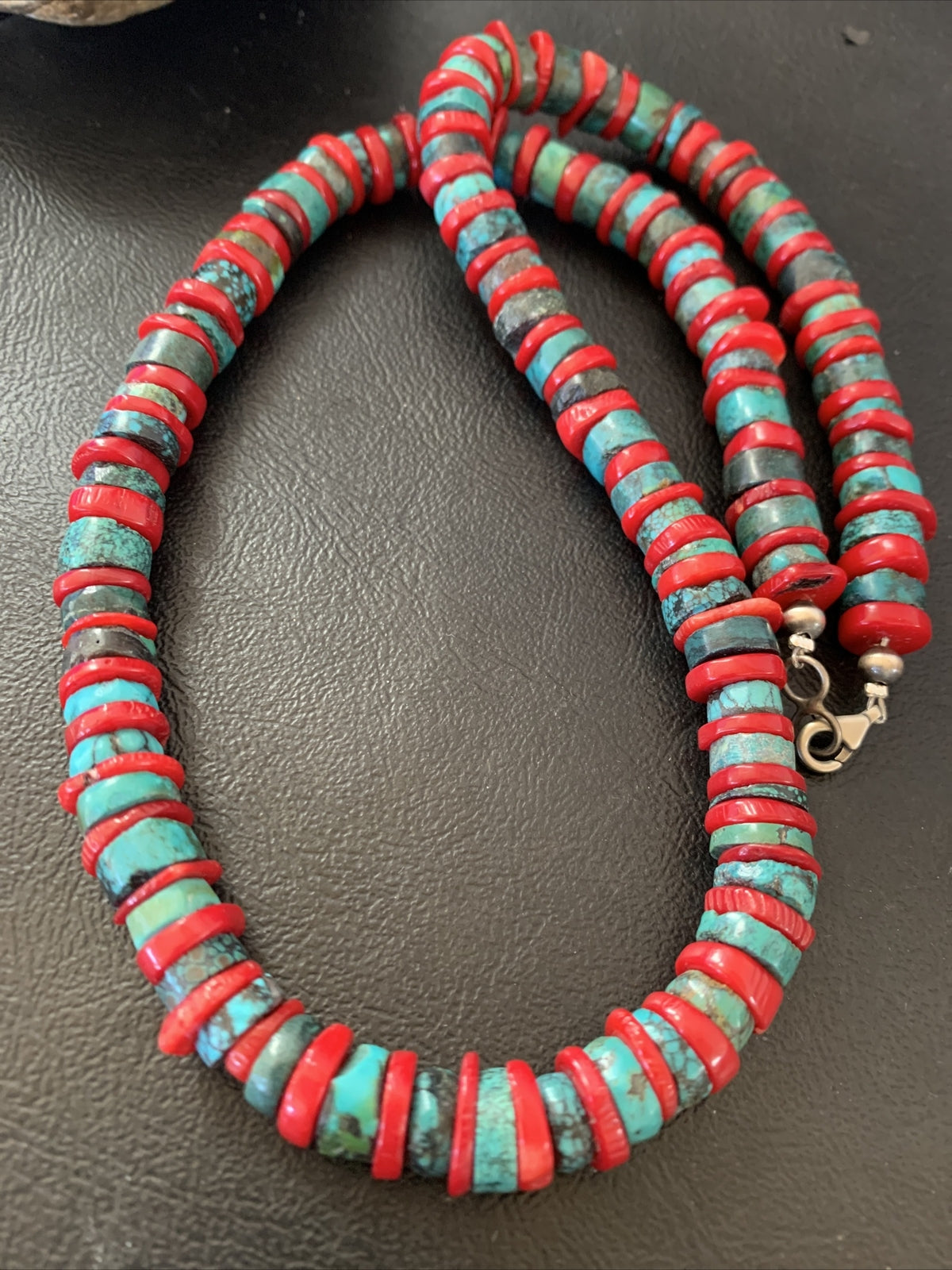 Mens Turquoise & Coral Heishi Navajo Sterling Silver Necklace 22” 14689