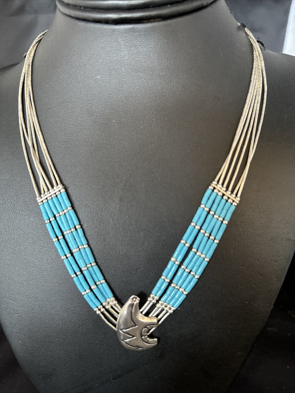 Bear Pendant Turquoise 5 Strand Heishi Liquid Necklace | Sterling Silver | Authentic Native American Handmade | 14822