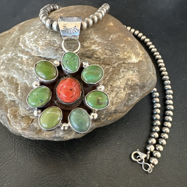 Navajo Cluster Red Turquoise Pendant Necklace | Sterling Silver | Authentic Native American Handmade | 17711