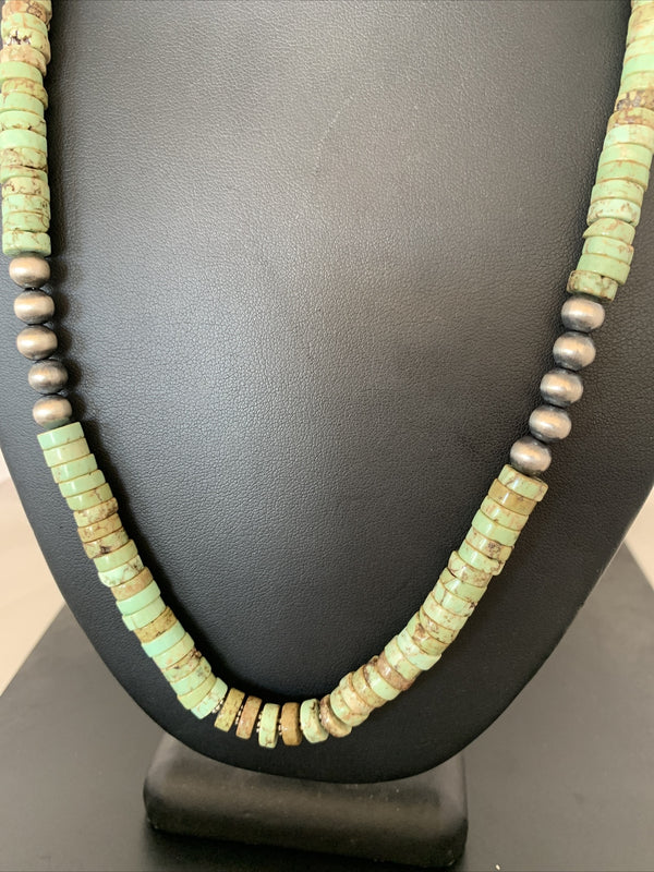 Green Turquoise Stabilized Heishi 8mm Navajo Pearls Necklace 20" | Sterling Silver | Authentic Native American Handmade