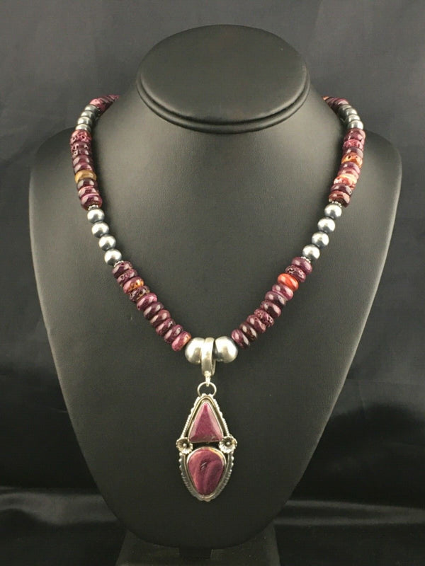 Purple Spiny Oyster Pendant Navajo Beads Necklace | Sterling Silver | Authentic Native American Handmade | 08175