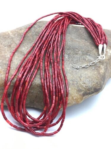 Red Coral Navajo Necklace 10 Strand | Sterling Silver | Authentic Native American Handmade | 4387
