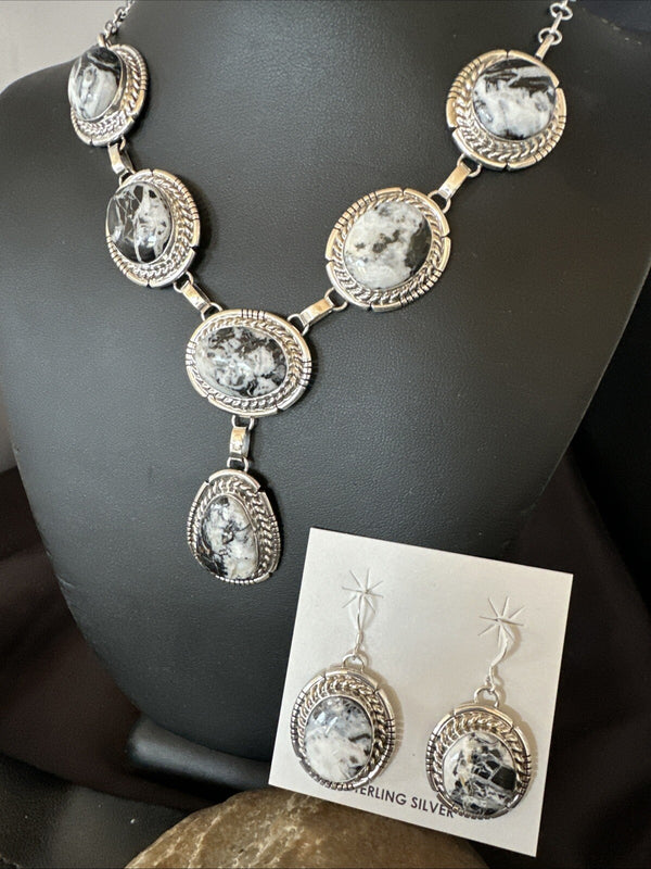 Women White Buffalo Turquoise Necklace Earrings 19" | Sterling Silver | Authentic Native American Handmade | 18605