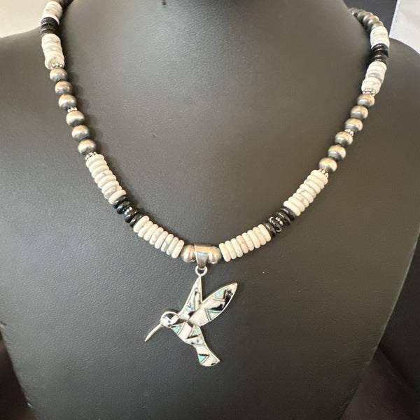HummingBird White Buffalo Pendant Howlite Necklace | Sterling Silver | Authentic Native American Handmade | 18727