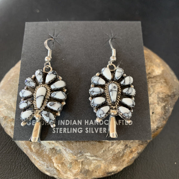 Cluster Navajo White Buffalo Turquoise Dangle Earrings | Sterling Silver | Authentic Native American Handmade | 12837