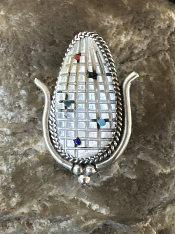 CORN INLAY Turquoise White MOP Spiny Zuni Pin Pendant | Sterling Silver | Authentic Native American Handmade | 17849